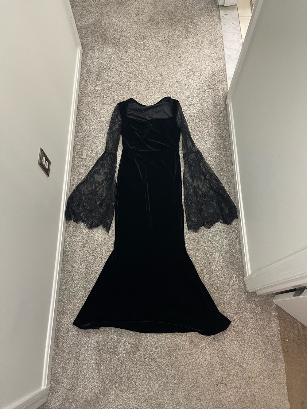 Black Velvet Lace-Sleeve Evening Dress Goth- Women